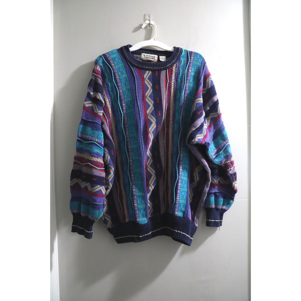 Cotton Traders Vintage 3D Knit Sweater Mens XL Multicolor 90s Coogi Style Cotton